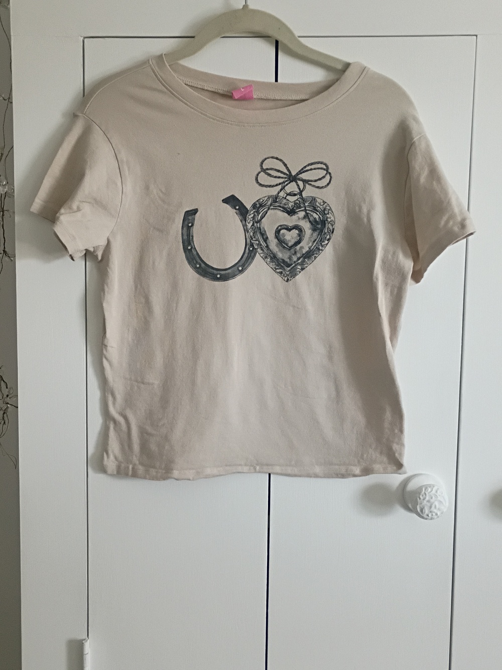 Women's Beige Graphic Crop Top - Heart & Horseshoe Design